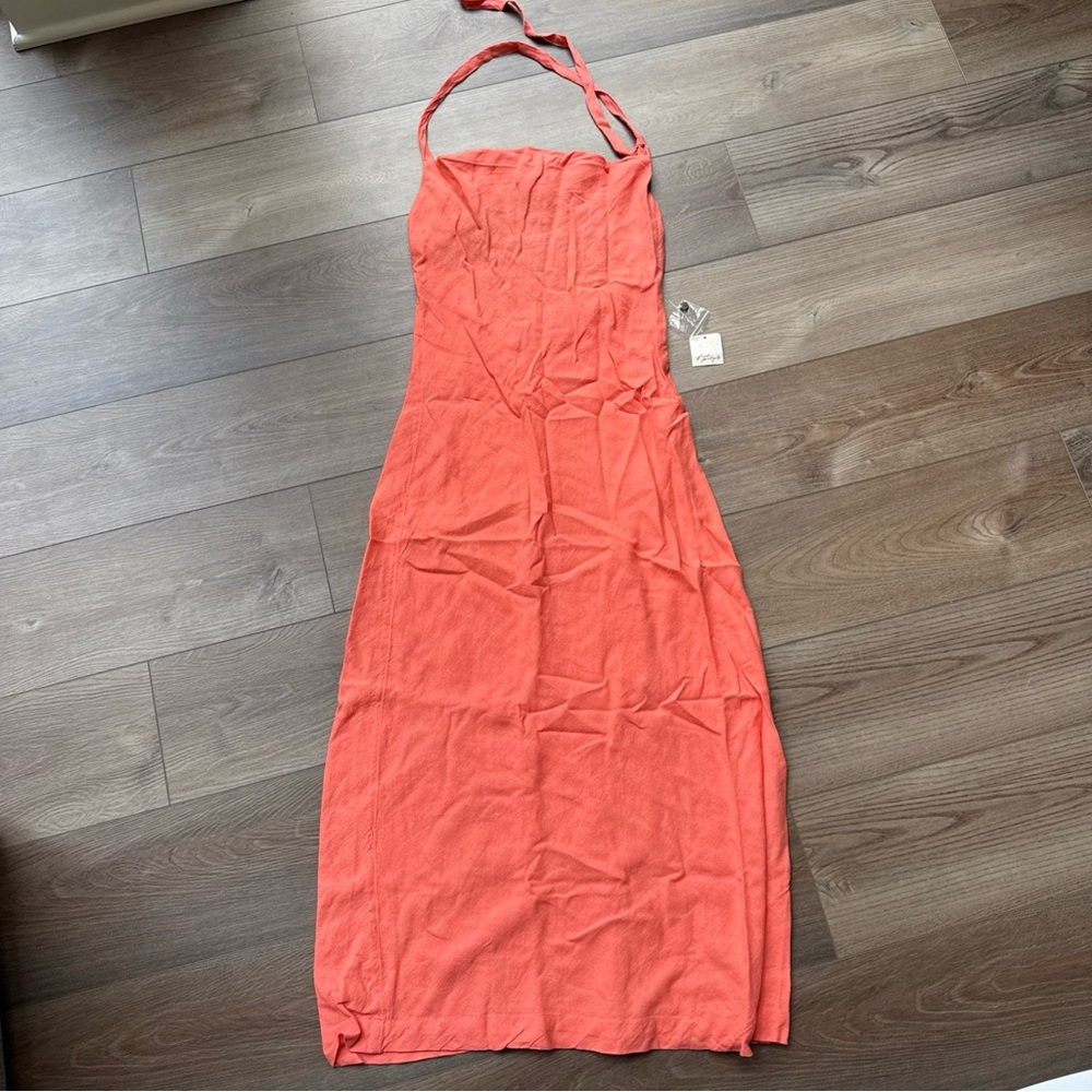Women’s Size Medium Free People Buenos Dias Cotton-Linen Midi Dress Coral